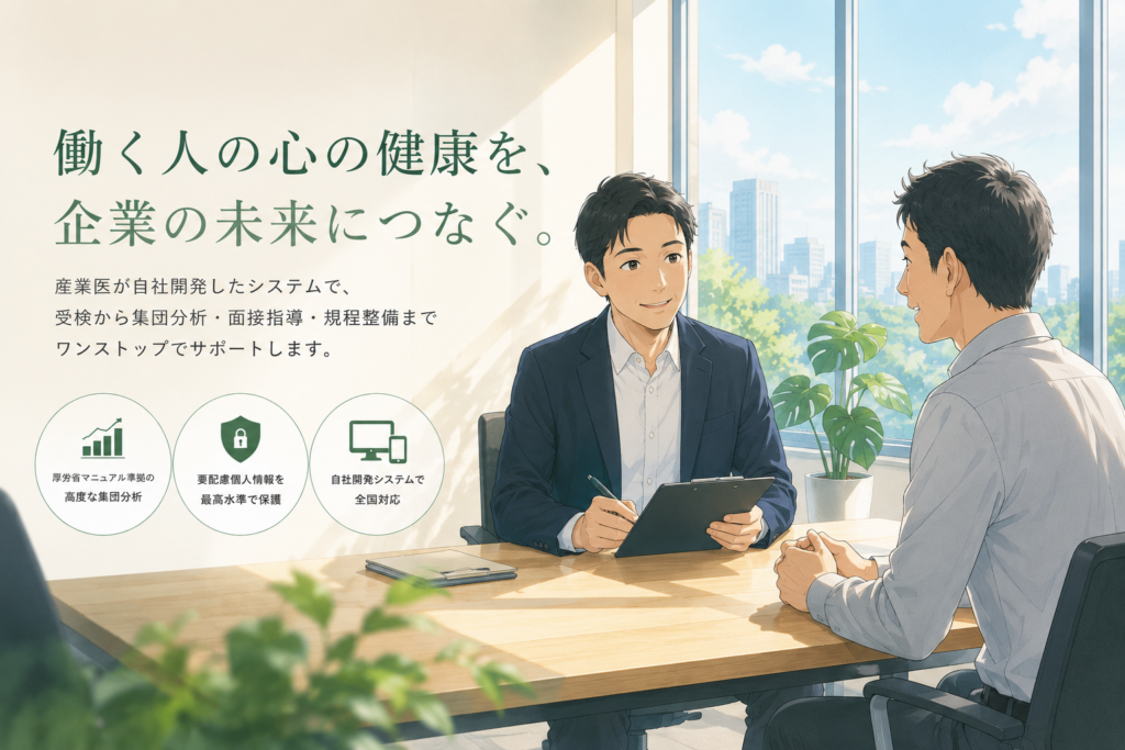 産業医と従業員がオフィスで穏やかに面談しているイラスト。ストレスチェック実施サービスのイメージ