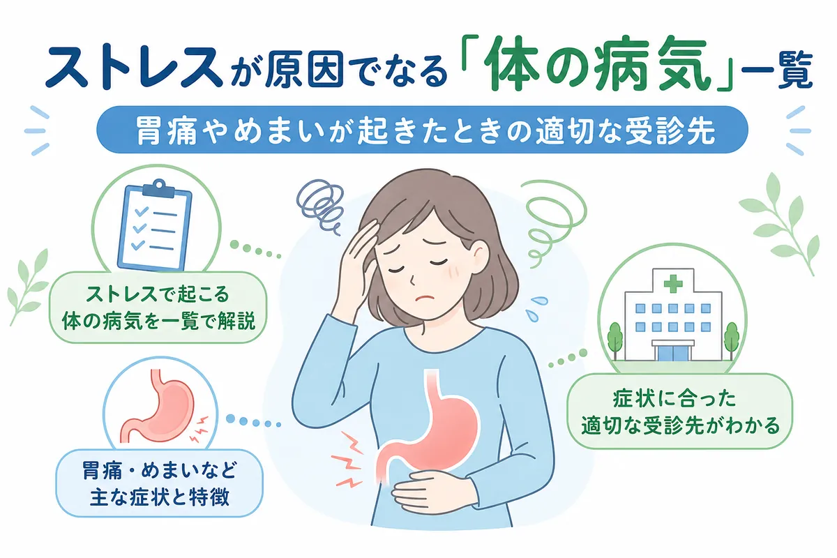 ストレスが原因でなる「体の病気」一覧｜胃痛やめまいが起きたときの適切な受診先